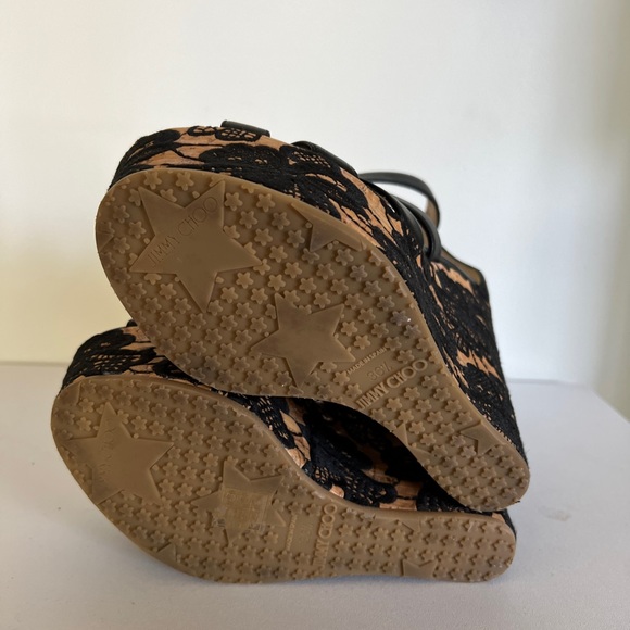 Jimmy Choo Black Leather Parrow Lace Wedge Platform Sandals Size 36.5 - Picture 10 of 10